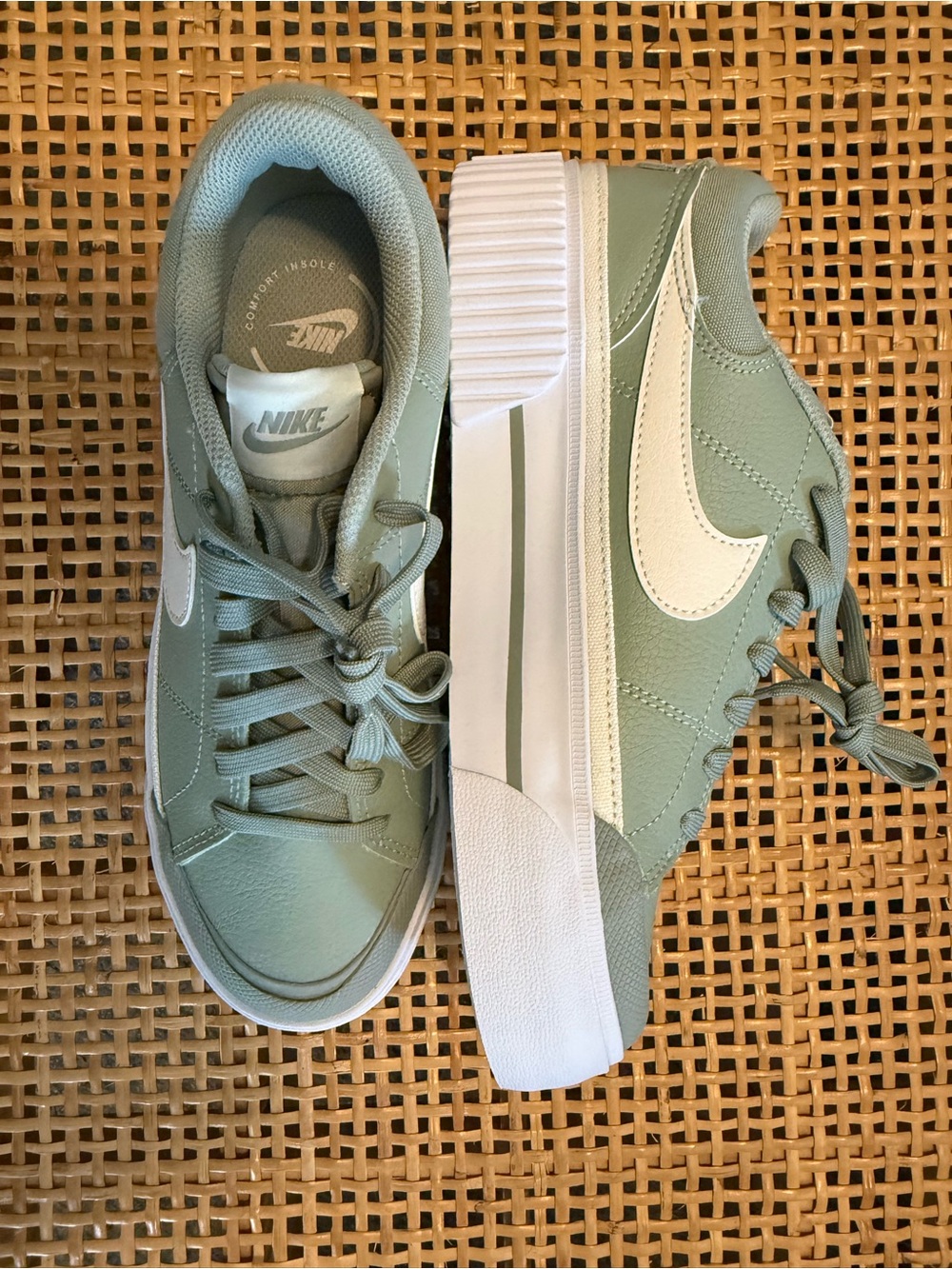 Nike Women's Sage Green Platform Sneakers with White Swoosh and Thick Sole